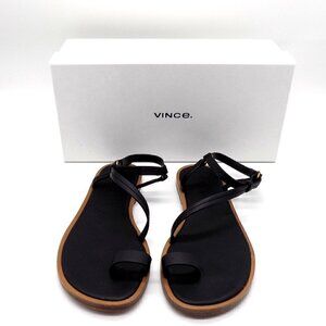 Vince Black Leather Flat Sandals Perrigan Hook and Loop Closure Toe Ring